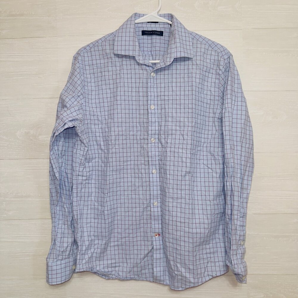 Tommy Hilfiger Blue Plaid Long Sleeve Slim Fit Button Up Dress Shirt size medium